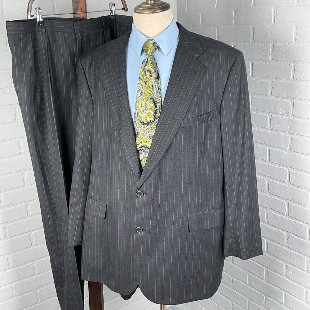 Joseph Scafidi Suit Men 48/42W x 30L Gray‎ Blue Stripe Wool Career Bespoke 2pc